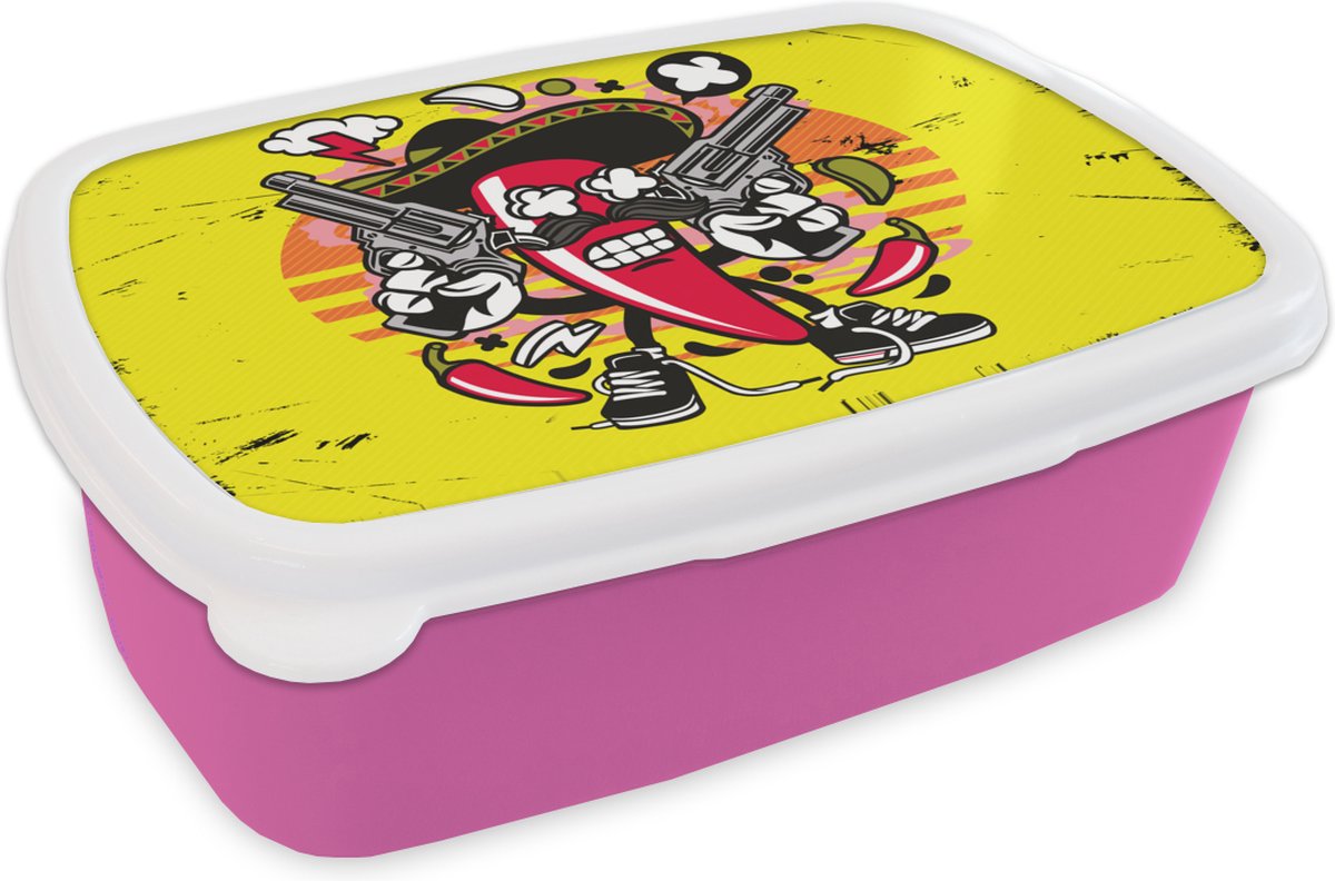 Broodtrommel Roze - Lunchbox - Brooddoos - Peper - Pistool - Vintage - 18x12x6 cm - Kinderen - Meisje