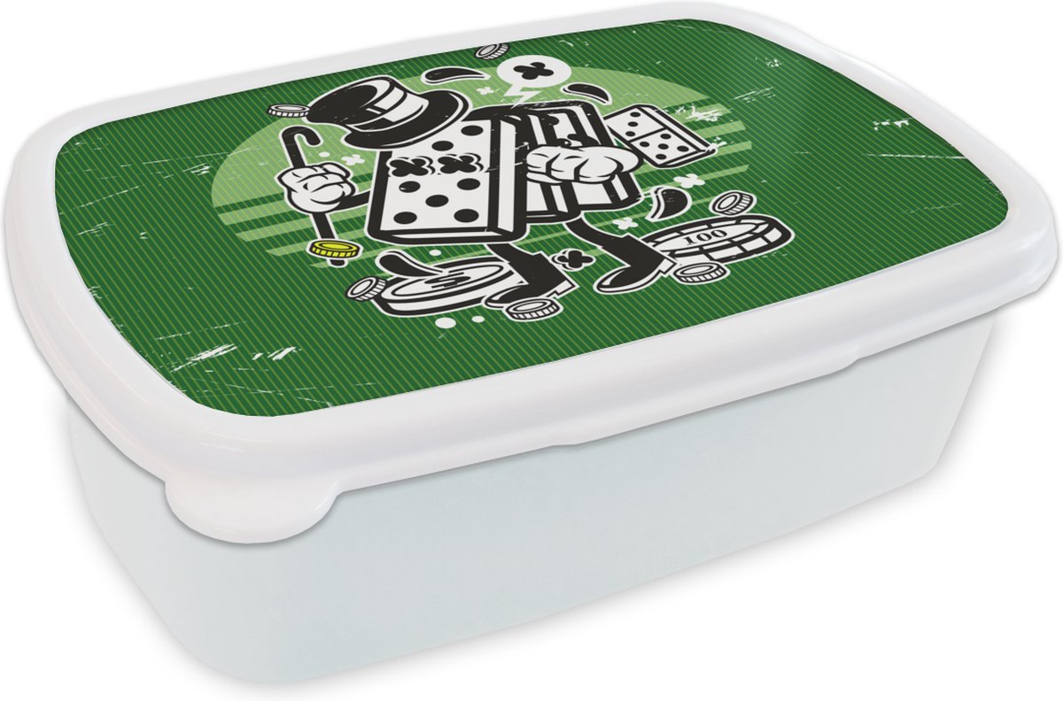 Broodtrommel Wit - Lunchbox - Brooddoos - Domino stenen - Hoed - Retro - 18x12x6 cm - Volwassenen
