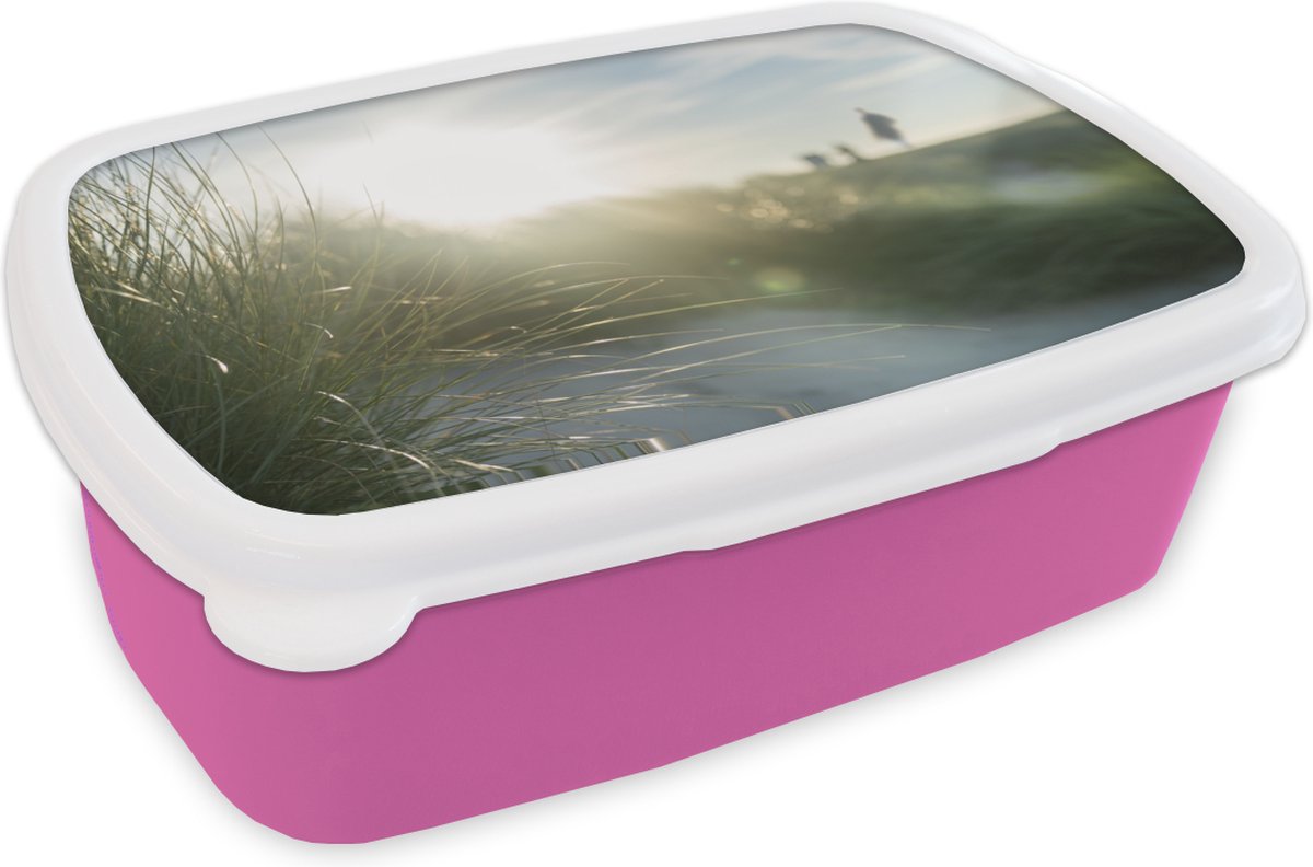 Broodtrommel Roze - Lunchbox - Brooddoos - Strand - Duin - Zon - 18x12x6 cm - Kinderen - Meisje