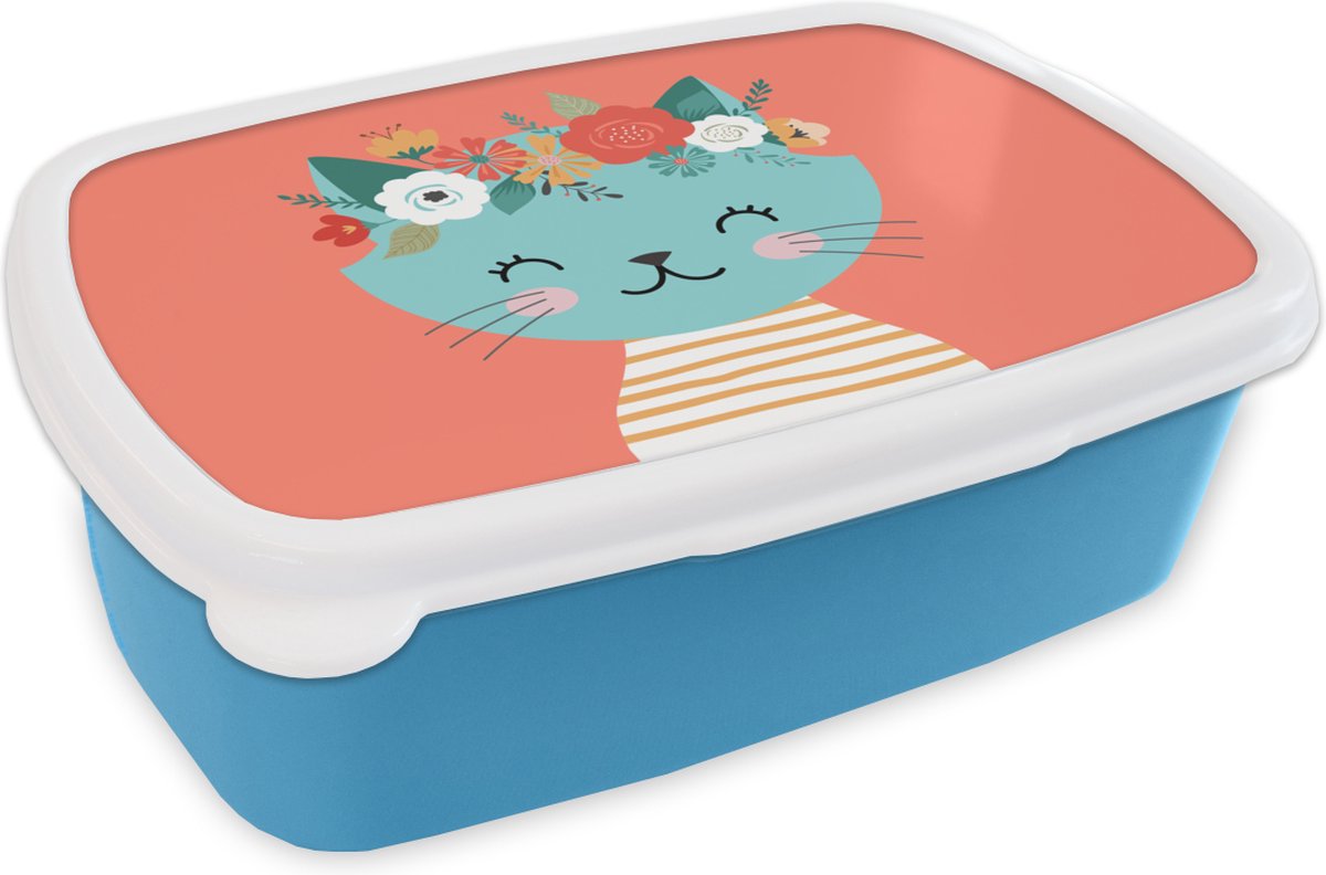Broodtrommel Blauw - Lunchbox - Brooddoos - Kat - Bloemen - Roze - 18x12x6 cm - Kinderen - Jongen