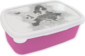 Broodtrommel Roze - Lunchbox - Brooddoos - Kaart van Europa - zwart wit - 18x12x6 cm - Kinderen - Meisje