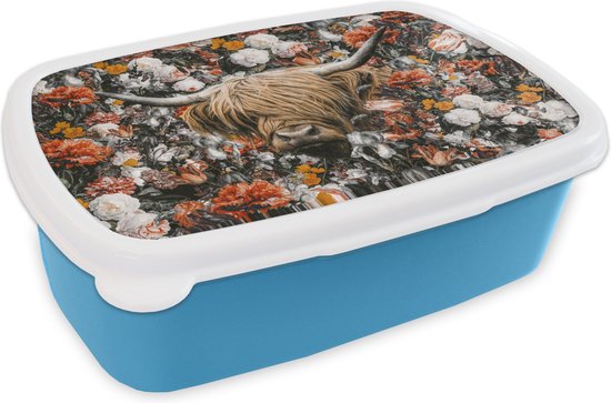 Bread Bin Blauw - Lunch Box - Bread Box - Scottish Highlander - Fleurs - Zwart - Wit - 18x12x6 cm - Enfants - Garçon