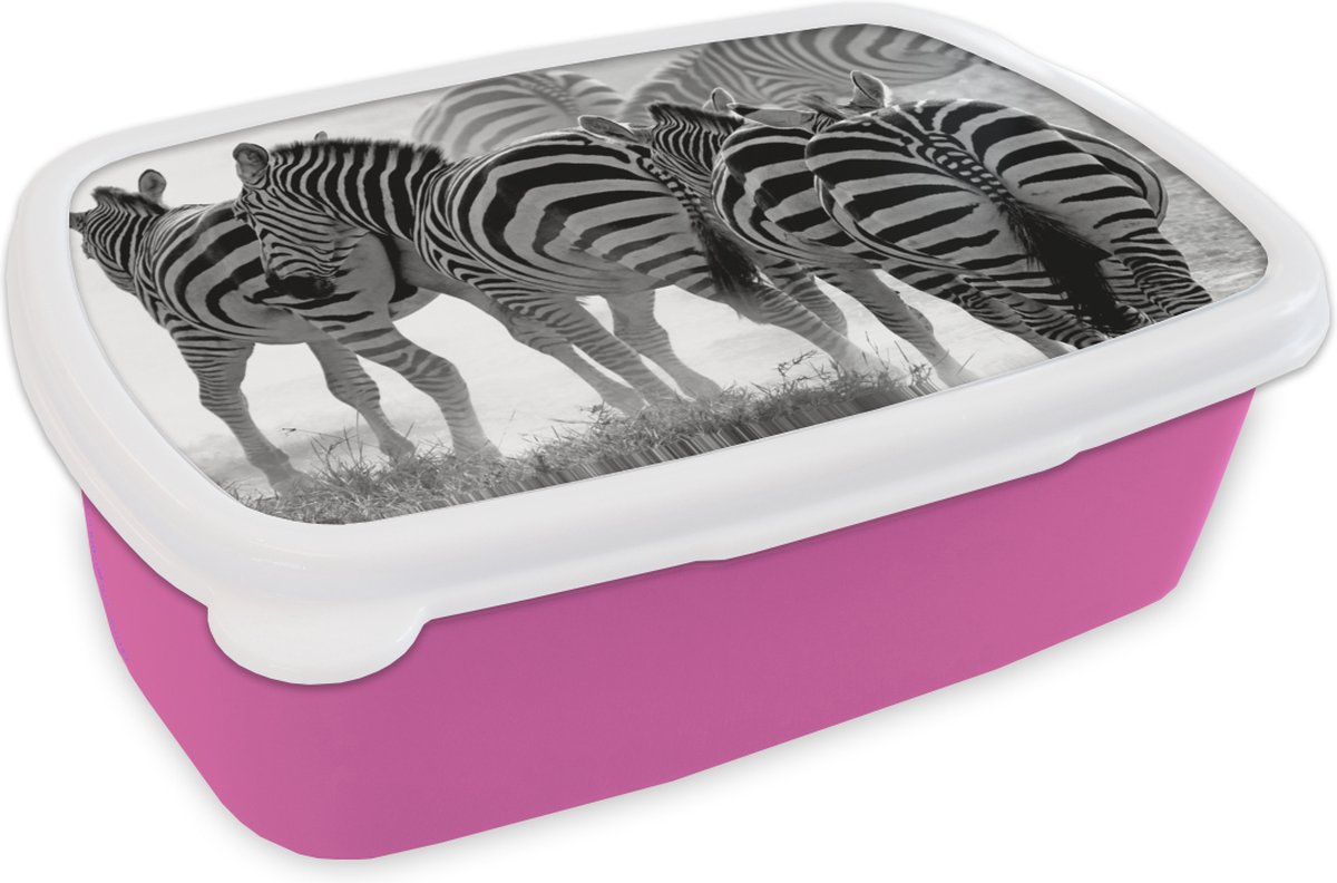 Broodtrommel Roze - Lunchbox - Brooddoos - Lopende zebra's - 18x12x6 cm - Kinderen - Meisje