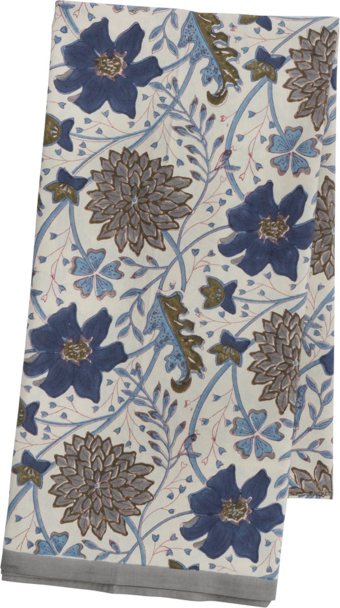 Bungalow Sitapur Topaz katoenen tafelkleed met blokprint in crèmegeel, lichtblauw, donkerblauw, olijf, grijs en rood 150 x 250 cm