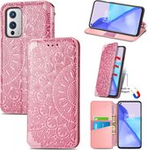 Luxe PU Lederen Blooming Mandala Reliëfpatroon Wallet Case + PMMA Screenprotector voor OnePlus 9 _ Roze