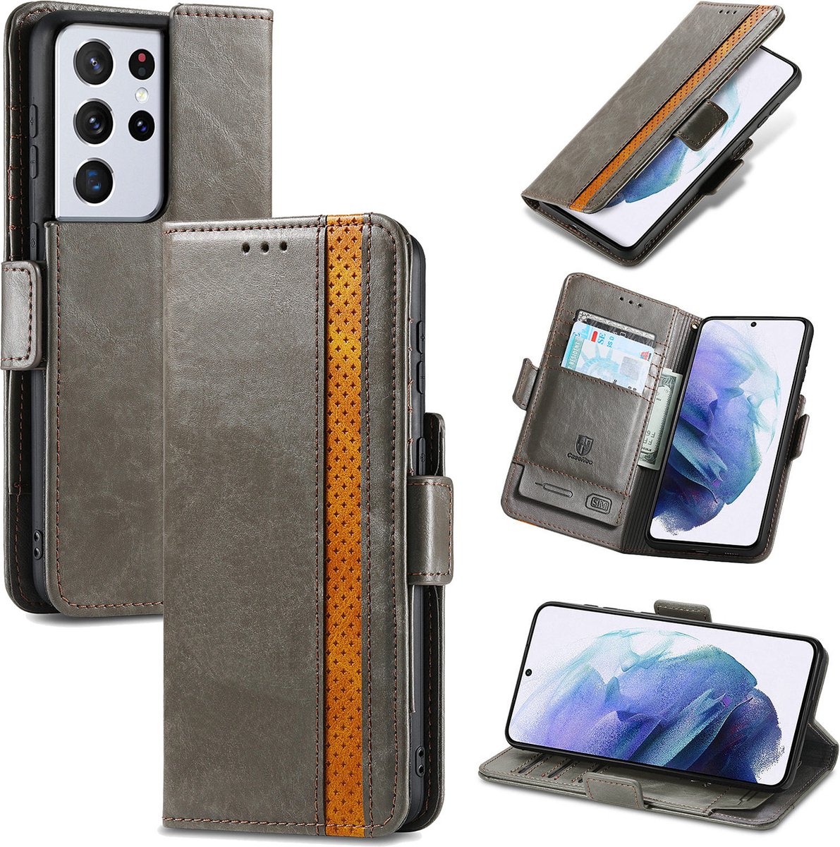 Stijlvol Tweekleurig PU-leer Wallet Flip Case voor Galaxy S21 Ultra 5G _ Grijs