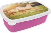Broodtrommel Roze - Lunchbox - Brooddoos - Paarden - Gras - Zon - 18x12x6 cm - Kinderen - Meisje