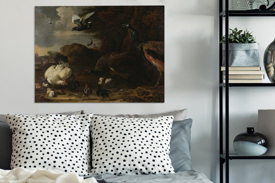 Une poule avec des poussins menacés par deux paons - Peinture de Melchior d'Hondecoeter sur toile 80x60 cm - Tirage photo sur toile (Décoration murale salon / chambre)