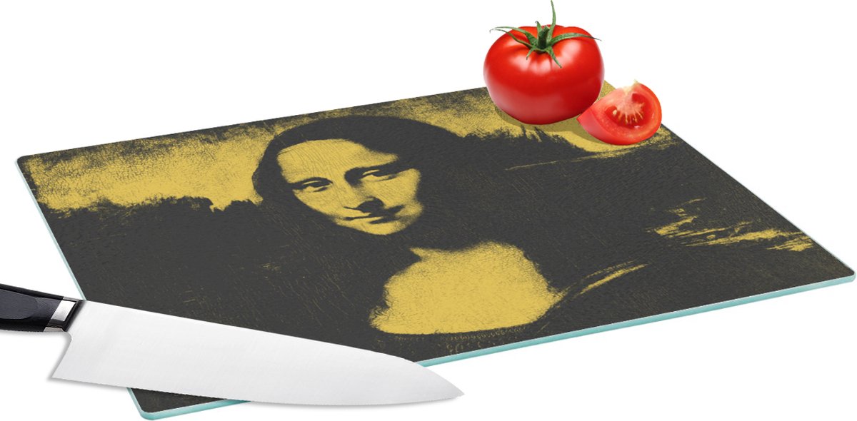 Glazen Snijplank - 39x28 - Mona Lisa - Leonardo da Vinci - Zwart - Geel - Snijplanken Glas