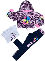 3-delig crop-top tik tok kleding set-pakje-meisjes-tik tok trui+tik tok legging+tik tok t-shirt - paars-zebra, 104