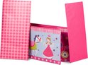 Roze opbergkist met prinses en paard, met uitklapbare zijkanten.