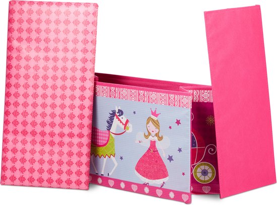Roze opbergkist met prinses en paard, met uitklapbare zijkanten.
