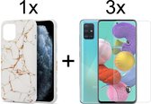 Samsung A51 Hoesje - Samsung Galaxy A51 Hoesje Marmer Wit Siliconen Case - 3x Samsung A51 Screenprotector