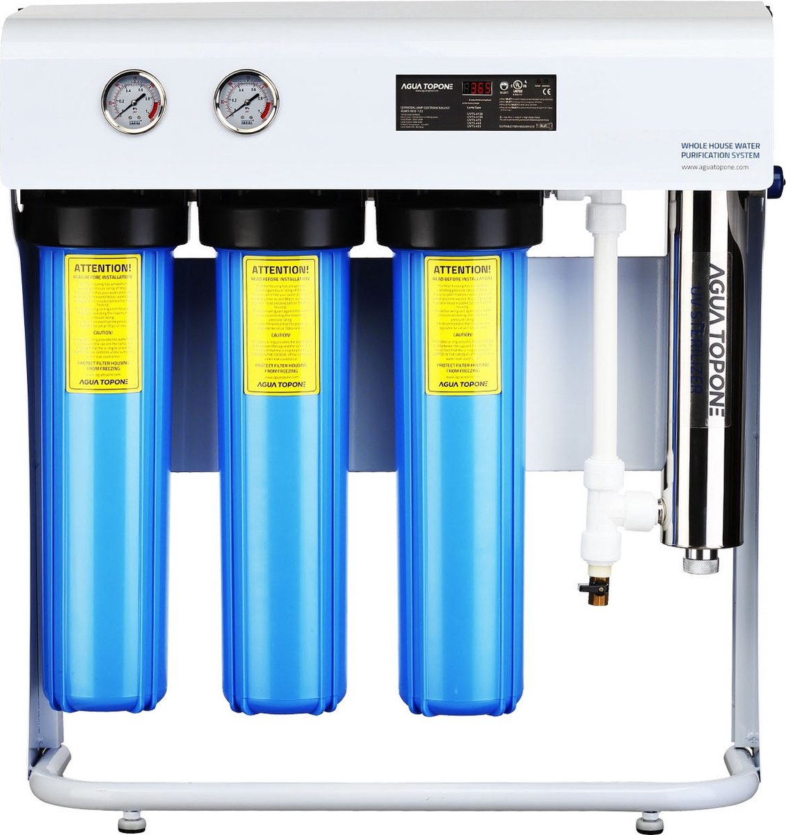 VHW204S Drinkwater UV Filter Systeem , 5 traps , op standaard, 45 liter /minuut . Maakt van Regenwater, oppervlakte of Putwater PUUR veilig drinkwater voor uw hele huis , Tiny-house of bedrijf. Inclusief PRE-Filter 40-60 micron voor zand en vuil.
