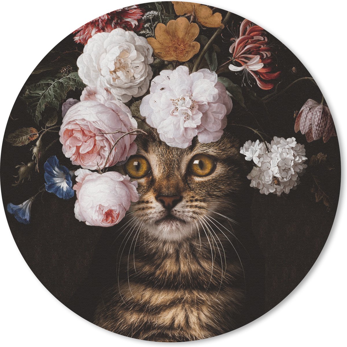 Muismat rond 50x50 cm - Mousepad Kat - Bloemen - Huisdier - Ronde muismatten