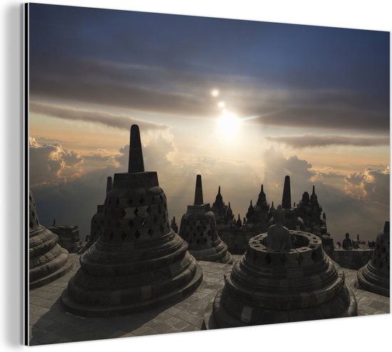 Wanddecoratie Metaal - Aluminium Schilderij Industrieel - Borobudur bij zonsondergang - 60x40 cm - Dibond - Foto op aluminium - Industriële muurdecoratie - Voor de woonkamer/slaapkamer