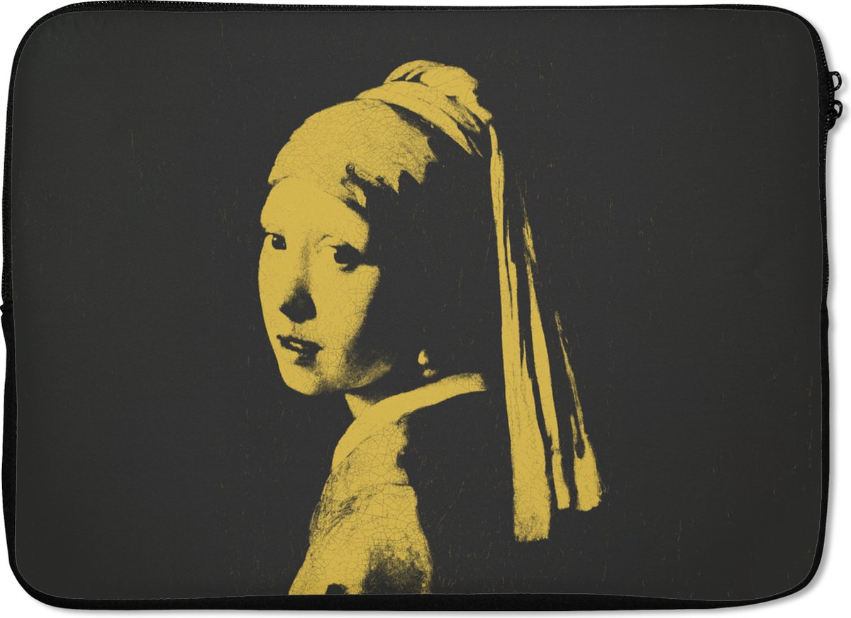 Laptophoes 14 inch - Meisje met de parel - Vermeer - Zwart - Geel - Laptop sleeve - Binnenmaat 33x23 cm - Zwarte achterkant