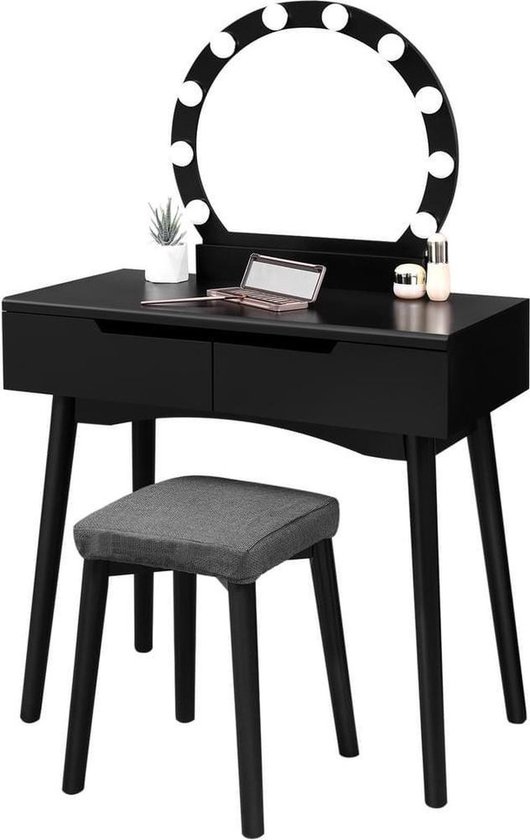 Kaptafel Zwart met LED Verlichting – Luxe Make-Up Tafel met Spiegel en Kruk