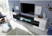 TV-meubel met LED 2 deuren - Glanzend gelakt wit en zwart - L 258 x D 37 x H 61 cm - ANCONA