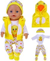 Poppenkleertjes - Geschikt voor Baby Born pop - Eend kledingset - Romper, broek, vest, slofjes, muts - Complete outfit voor babypop