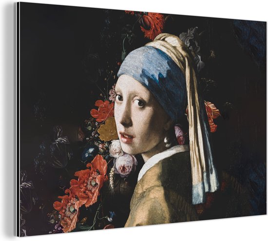 Wanddecoratie Metaal - Aluminium Schilderij Industrieel - Meisje met de parel - Vermeer - Bloemen - 150x100 cm - Dibond - Foto op aluminium - Industriële muurdecoratie - Voor de woonkamer/slaapkamer