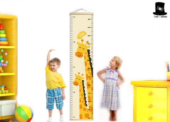 Bob Online ™ - Babykameraccessoires - Groeimeter Babykamer en Kinderkamer Giraffe Ontwerp - Canvas - Meetlat Kind Hout – 124.5 x 25.5 cm - Decoratie Meetlint - Wanddecoratie - Height Chart Giraffe Design – Kraam Cadeau - Babyshower Gift