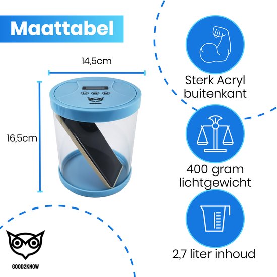 Good2know Telefoon Kluis met Tijdslot - Stoppen met Roken - Timer – Kluis - Opbergdoos - Kitchen Safe - Blauw – meer Focus & Zelfdiscipline