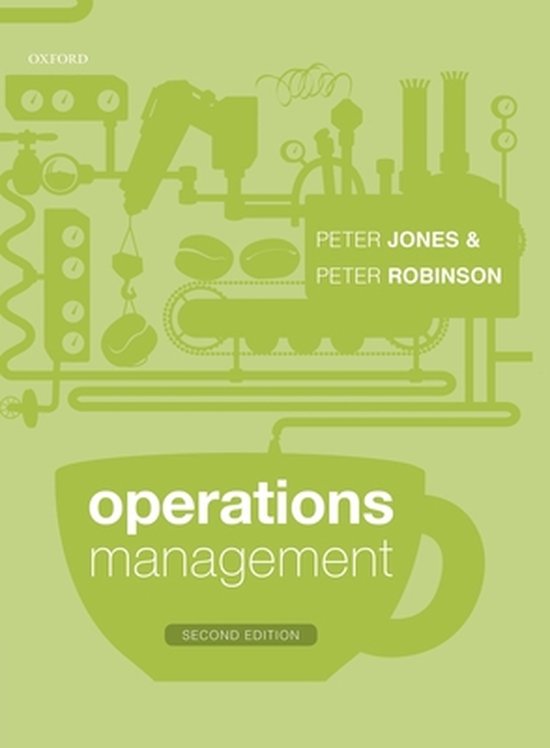 Boekomslag van "Operations Management" door Peter Jones & Peter Robinson, met een groene illustratie van een koffiezetapparaat en een kopje. "Second Edition" is onderaan de kop gedrukt.