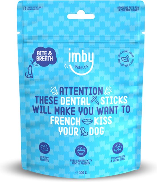 Imby plantaardige hondensnacks  - Bite & Breath - Mini dental sticks - Vegan hondenkoekjes - Met munt & peterselie - CO2-neutraal - 100g