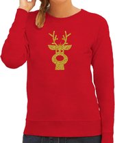 Rendier hoofd Kerst trui - rood met gouden glitter bedrukking - dames - Kerst sweaters / Kerst outfit 2XL