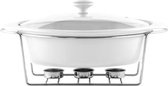 Florina Piatto chafing dish en warmhoudbak van keramiek - 2L - zilver / wit - Geschikt voor waxinelichtjes