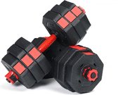 Geemax® 2 in 1 Halterset - Gewichten Set - Lange Halterstang - Verstelbare Dumbell Set - 30 kg - RVS - Zwart/Rood