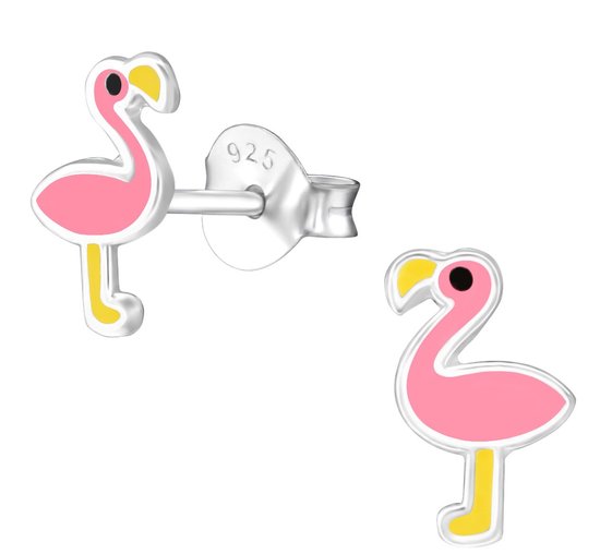 Joy|S - Zilveren flamingo oorbellen - 5 x 9 mm - roze