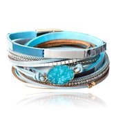 Blauwe leren dames armband Bohemian stijl met steen