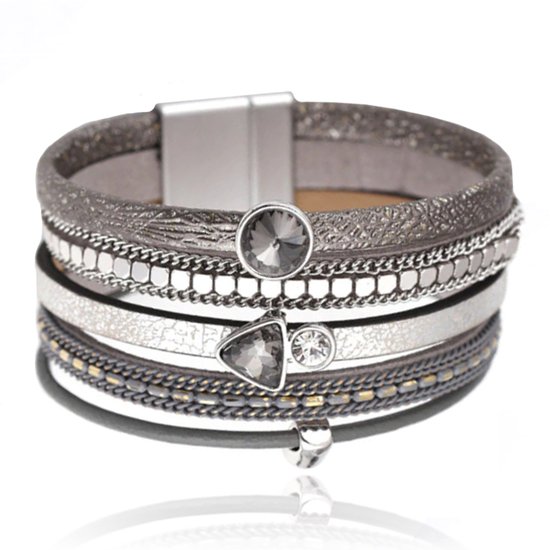 Bracelet femme multicouche gris avec cristaux et chaînes