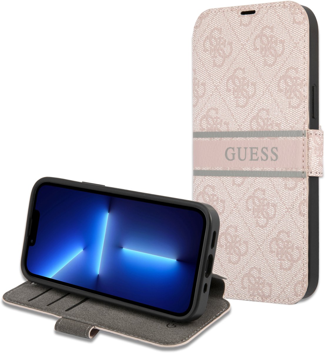 iPhone 13 Pro Bookcase hoesje - Guess - Effen Roze - Kunstleer