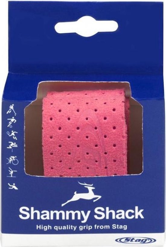 Roze Shammy Shack grip met stippenpatroon en het Stag logo. Verpakking met sportafbeeldingen.