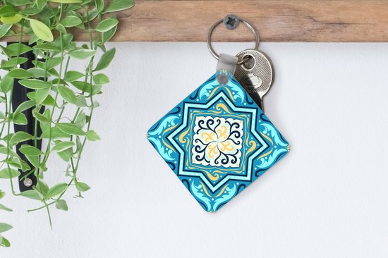 Porte-clés Motif carré 1: 1 - Motif carré avec une étoile et décorations sur fond bleu Porte-clés plastique - Porte-clés carré avec photo