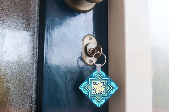 Porte-clés Motif carré 1: 1 - Motif carré avec une étoile et décorations sur fond bleu Porte-clés plastique - Porte-clés carré avec photo