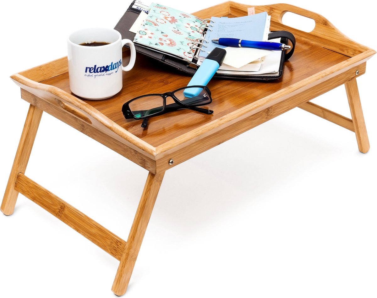 Relaxdays bedtafel bamboe - inklapbaar - voor op bed - 25 x 52 x 33 cm - dienblad lichtbruin