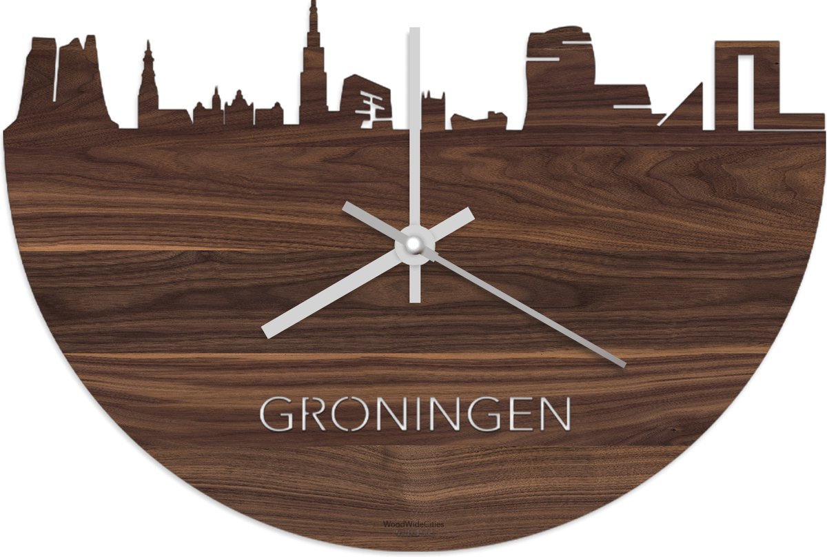 Skyline Klok Groningen Notenhout - Ø 40 cm - Stil uurwerk - Wanddecoratie - Meer steden beschikbaar - Woonkamer idee - Woondecoratie - City Art - Steden kunst - Cadeau voor hem - Cadeau voor haar - Jubileum - Trouwerij - Housewarming - WoodWideCities