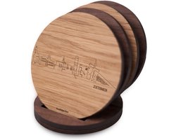 Skyline Onderzetters Zoetermeer - Eiken en noten hout - 4 stuk(s) + houder - Ø 9 cm Rond - Cadeau - Woon decoratie - Woonkamer - WoodWideCities