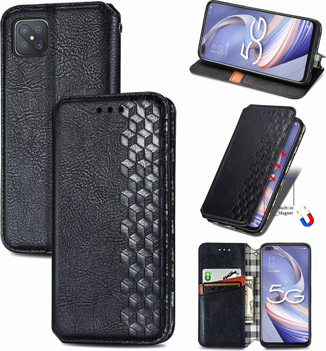 Luxe PU Lederen Ruitpatroon Wallet Case + PMMA Screenprotector voor OPPO Reno4 Z 5G _ Zwart