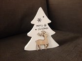 Houten Kerstdecoratie - Merry Christmas - 16 x 14 cm - Decoratief Beeldje Rendier - Kerstbeeldje