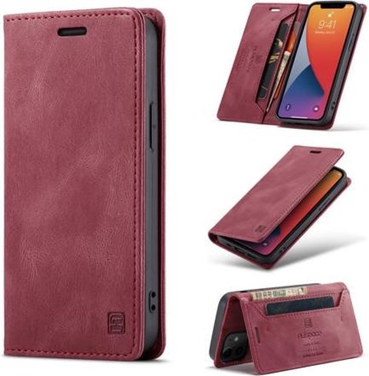 Luxe Flip Case met RFID Bescherming Kaarthouder en Magneetsluiting voor iPhone 13 / 14 _ Wijnrood
