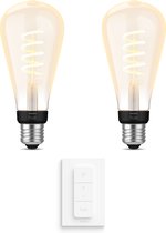 Philips Hue White Ambiance E27 Uitbreidingspakket - 2 Hue Lampen en Dimmer Switch - Warm tot Koelwit Licht - Filament Edison Groot - Werkt met Alexa en Google Home