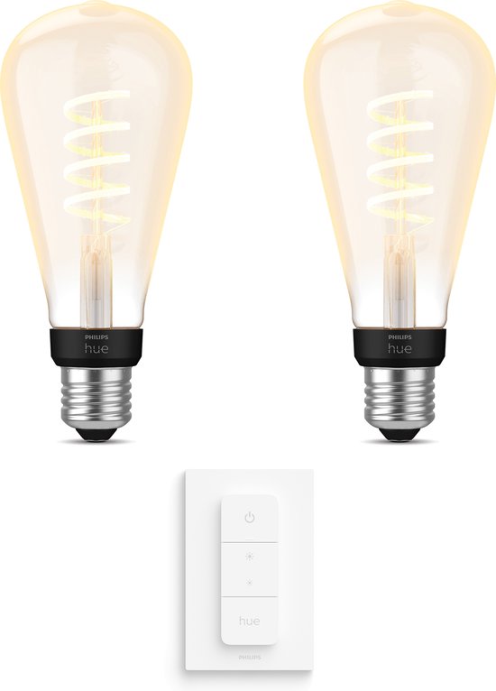 Philips Hue Uitbreidingspakket White Ambiance E27 - 2 Hue Lampen en Dimmer Switch - Warm tot Koelwit Licht - Filament Edison Groot - Werkt met Alexa en Google Home