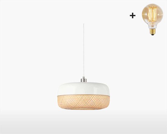 Hanglamp – MEKONG – Wit/Naturel Bamboe – Plat - Met LED-lamp | bol.com