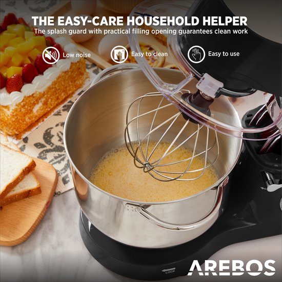 AREBOS Keukenmachine - 1500W - Keukenrobot - 5,5L&4,5L - Keukenmixer - Foodprocessor - Roestvrij Stalen Mengkom - 6 Snelheden - Zwart van AREBOS — afbeelding 3