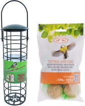 Vogel voedersilo metaal groen 23 cm inclusief 6 vetbollen - Vogelvoer - Vogel voederstation - Vogelvoederhuisje